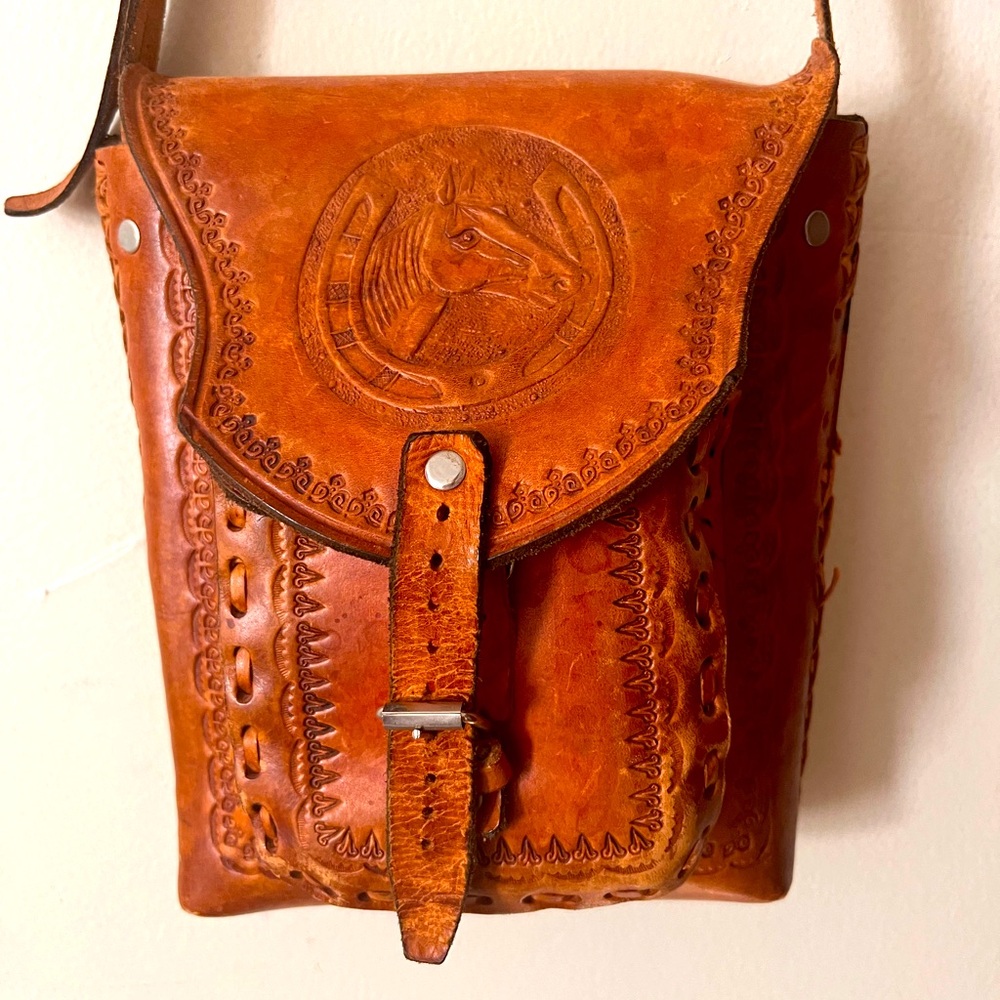 AMAZING VTG Mexican Tooled Leather Satchel - Horse Girl Double Pocket BEAUTIFUL